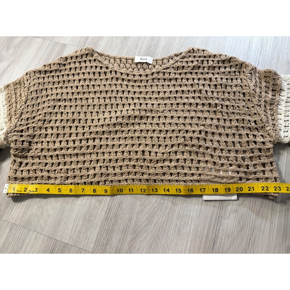 iKnit Women Tan Crochet Knit Cropped Sweater Striped Sleeve Boho Top 3869 NEW - Picture 7 of 9